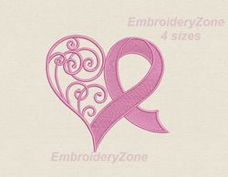 Pink ribbon and curl heart machine embroidery design, pink ribbon avareness embroidery pattern, 5 sizes