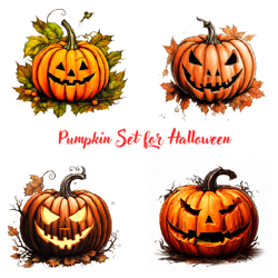 Set of 4 images of Halloween pumpkins on a transparent background