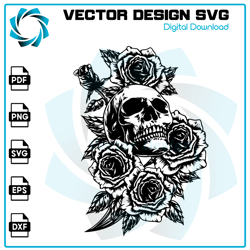 Skull With Rose SVG, Skull and Roses SVG, Skull SVG, Skull and Roses Clipart, Skull Vector, Skull Cricut, Skull Cut File