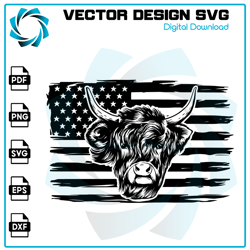 Highland Cow With USA Flag Svg, Cow Svg, Cow Head Svg, Cow Clipart, Cow Cricut, Cow Cut File, Dairy Cow Vector svg