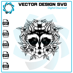 Raccoon Svg, Floral Raccoon Svg, Raccoon Clipart, Raccoon Cricut, Raccoon Vector, Raccoon Cut file, Raccoon Shirt