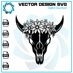 Cow Skull with Flowers Svg, Cow Skull Svg, Cow Svg, Bull Svg, Cow Skull Floral Svg, Cow Skull Boho Svg, Cow Clipart