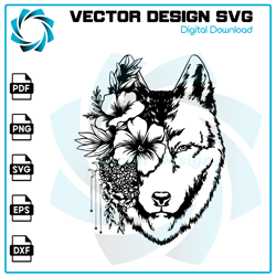 Wolf With Flowers Svg, Wolf Svg, Wolf Flower Svg, Wolf Head Svg, Wolf Clipart, Wolf Cricut, Wolf Cut file, Wolf Shirt Ve