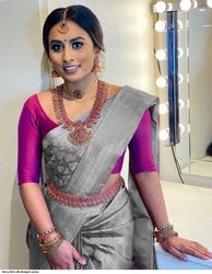 Gray Color Womens's Saree Indian Wedding Party Wear Pakistani Designer Soft Lichi Silk Saree