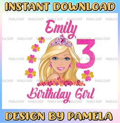 personalized name barbie birthday png, barbie doll birthday glitter png, personalized birthday blonde doll png, digital