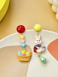 A Pair of Asymmetrical Color Contrast Cute Cartoon Rabbit With Pastoral Earrings