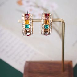 Hoop Earrings with Rhinestones for Women Colorful Vintage Multicolor Zircon Round Statement CC Shape Bling Bling