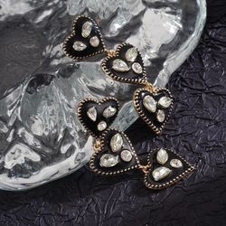 Retro Luxury Black Heart Earrings Palace Style Glaze Handmade Diamond Inlay Stainless Steel Anti Tarnish S925 Silver