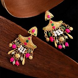Ethnic Earrings for Women Colorful Rose Green Beads White Pear Long Chain Stainless Steel Diamond Inlay Bohemian