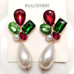 imitation pearls statement womens earrings colorful glass crystal luxury bohemia dangle drop earrings casual party