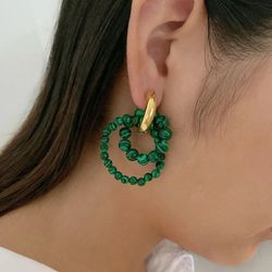 Vintage Green Malachite Beaded Asymmetric Hoops Earring Stainless Steel Huggie Hoop Earrings For Women Jewelry