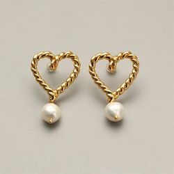Retro metal heart hemp pattern freshwater pearl earrings temperament womens ear studs female ear accessories