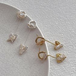Korean Simple Irregular Natural Pearl Long Tassel Love Heart Earrings for Women Daily Jewelry Pendant Gifts