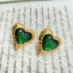 Vintage Copper Enamel Love Heart Irregular Convex Drop Glaze Stud Earrings Hollow Weave for Women Girls Travel Jewelry