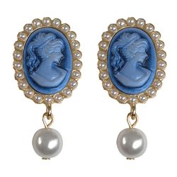 Vintage Carved Cameo Queen Head Portrait Dangle Earrings for Women Pearl Pendant Wedding Party Korean Style Jewelry