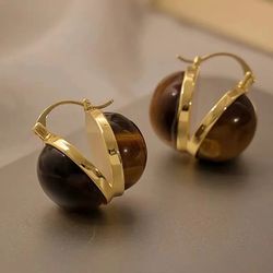 vintage metal natural tiger eye stone ear buckle earrings for women elegant 2023 new fashion jewelry accessories
