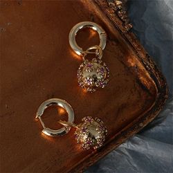 new round pendant womens earrings fashion metal ear buckle exquisite flower ball purple rhinestone jewelry gift