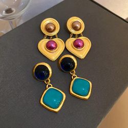 Medieval crystal earrings retro teal crystal counter color stud trend geometric earrings for women personality
