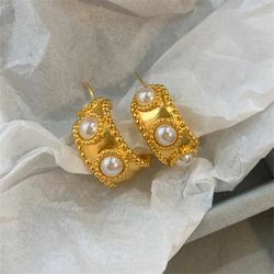 Metallic gold Pearl Earrings temperament ear buckle fashion ear studs womens party banquet jewelry