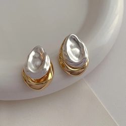Vintage Irregular Metal Gold Silver Mix Color Waterdrop Stud Earrings for Women Simple Temperament Daily Jewelry
