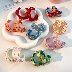Sweet Cute Colorful Hand Embroidered Flower C shaped Acrylic Earrings for Women Fashion Jewelry Daily Pendant Gift 2023