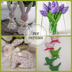 Stuffed Easter Plush set sewwing patterns pdf diy Bundle decor how to make Fabric Bird Bunny Tulip Rabbit Easter gift