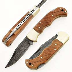 Damascus Steel Pocket Knife 6.5" Olive Wood Handle With Sharping Rod & Leather Sheath
