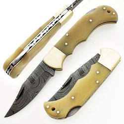 Damascus Steel Pocket Knife 6.5" Camel Bone Handle With Sharping Road & Leather Sheath