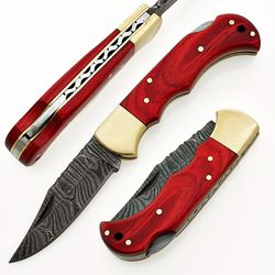 Damascus Steel Pocket Knife 6.5" Pakka Wood Handle With Sharping Rod & Leather Sheath