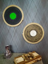 Round Jute Mat,Vinyl Record Shape,Textile Wall Hanging, Cutlery Coaster Retro,round placemat,Eco Mat,jute rope placemat