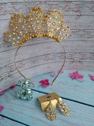 gold crown, queen crown, wedding tiara, gold diadem, beautiful jewelry set, gold headdress