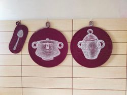 porcelain wall art,set of 3,macrame wall hanging,quilted amphora,burgundy decor,burgundy napkin,coaster,sorority wall ar