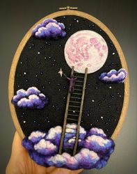 3D Felted and Embroidered Night painting, Fiber Art Wall hanging decor