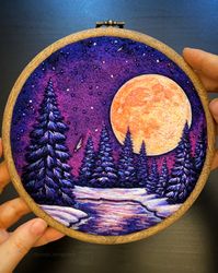 Purple Winter Tales. Felted and Embroidered Winter landscape. Hoop Art wall hanging