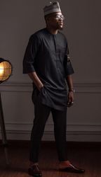 Black senator's wear, Ankara high quality suit for men, African traditional men's wear, black African men's suit