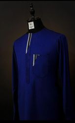 Hand-made African men's shirt with matching pant, Traditional men's suit, Blue senator's wear, quality men's shirt
