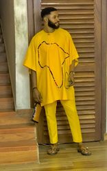 yellow 2piece stylish Agbada, African men's outfit, modern African men's styles, exclusive African men's clothing