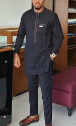 Dark Color High quality Shirt and Pant for African men, Bold African men attire, African Men Wedding Suit