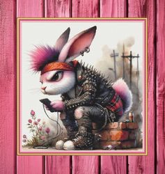 Punk Rabbit, watercolor. Large cross stitch. PDF download pattern/charts. DMC threads. Pattern keeper and markup as well