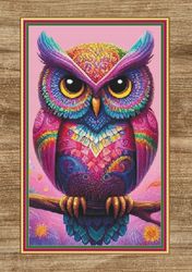 Spring Owl, watercolor. Large cross stitch. PDF Pattern/charts. DMC Threads. Pattern Keeper and Markup as well.