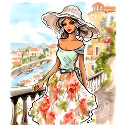Fashion Illustration for COMMERCIAL USE, Fashion Clipart, Digital Art Illustration, Amalfy Coast Italy Illustratration
