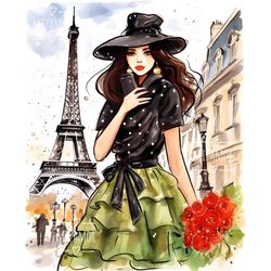 Paris Illustratration Eiffel Tower Fashion Illustration for COMMERCIAL USE, Fashion Wall Art Print, Watercolor Clipart