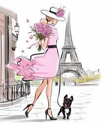 Pink Dress Girl with Flowers in Paris Fashion Illustration for COMMERCIAL USE, Fashion Wall Art Print Printable Clipart