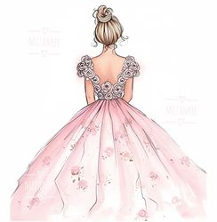 Bride in Pink Floral Dress Fashion Illustration for COMMERCIAL USE, Fashion Sketch, Clipart, Fashion Wall Art Printable