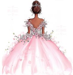 Bride in Pink Flowers Dress Fashion Illustration for COMMERCIAL USE, Fashion Sketch, Clipart, Fashion Wall Art Print