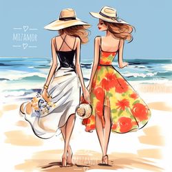 Girls on the Beach Fashion Illustration for COMMERCIAL USE, Fashion Sketch, Clipart, Fashion Wall Art Print Printable