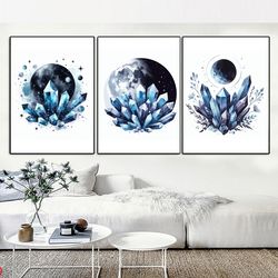 Printable Watercolor 3 Set of Crystals Art, Poster Print, Instant Download, Wall Art, Moon and Fairy Crystals