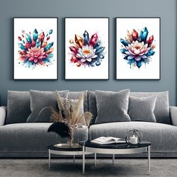 Flower and Crystals Art, Printable Watercolor 3 Set of Crystals Art, Poster Print, Instant Download, Wall Art