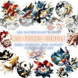 180 Koi Fish Watercolor Clipart Bundle, Free Commercial Use, Graphics, Koi Fish, Digital Download