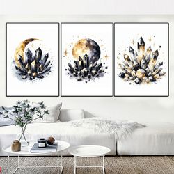 Golden Moon and Crystals Art, Printable Watercolor 3 Set of Crystals Art, Poster Print, Instant Download, Wall Art